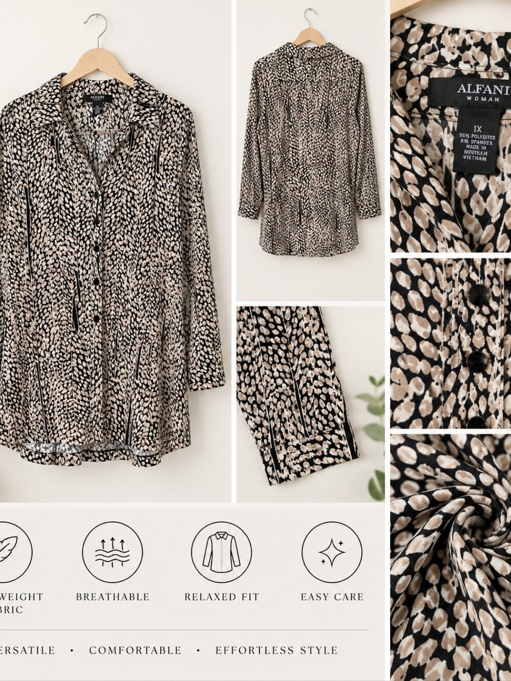 Alfani Black and Cream Abstract Leaf-Print Button-Down Top
